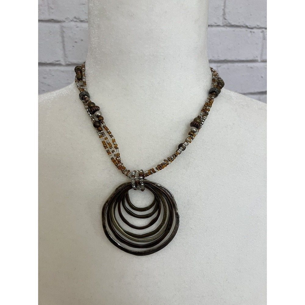 Boho Beaded Necklace Mixed Metal Circle Pendant Brown Beads Statement Jewelry
